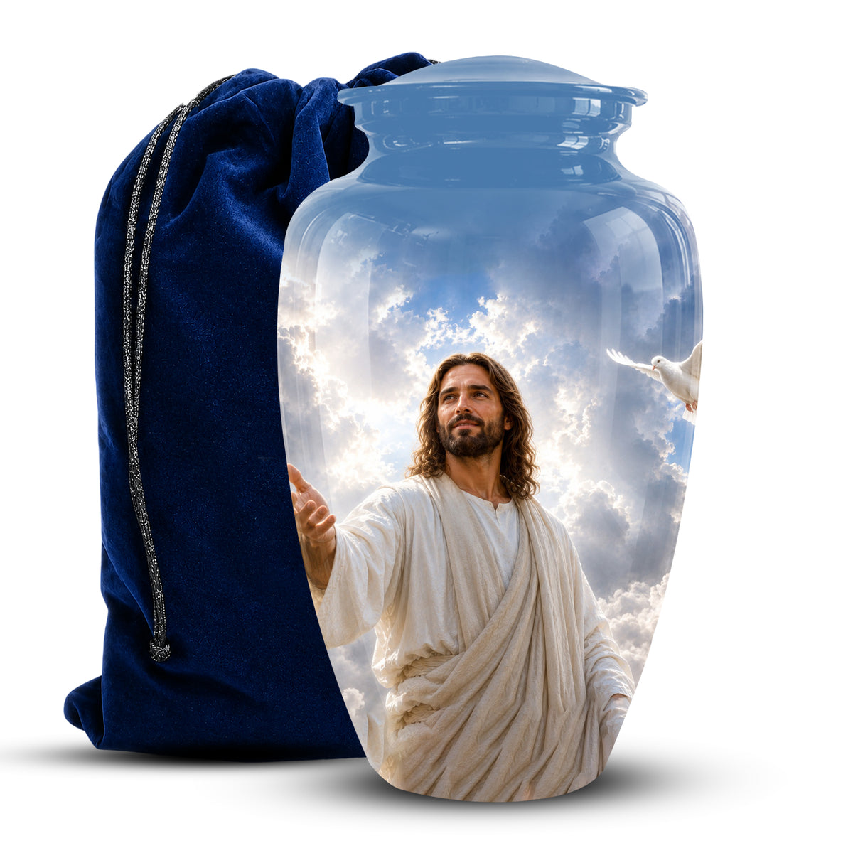 A clear glass cremation urn with a printed image of Jesus Christ and clouds, shown next to a dark blue velvet drawstring bag on a white background.