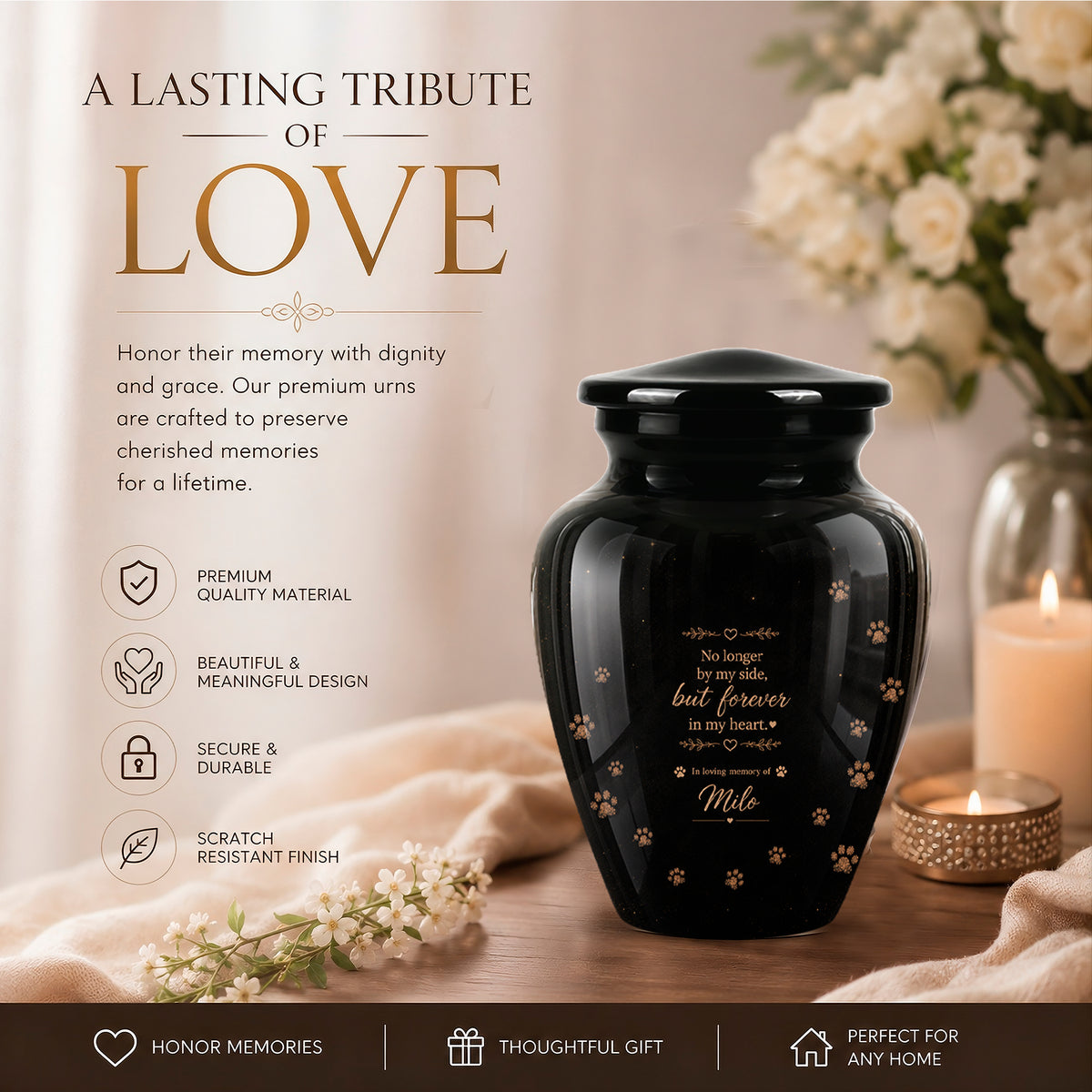 Personalized Black Cat Memorial Urn – Engraved Quote & Paw Prints For Ashes