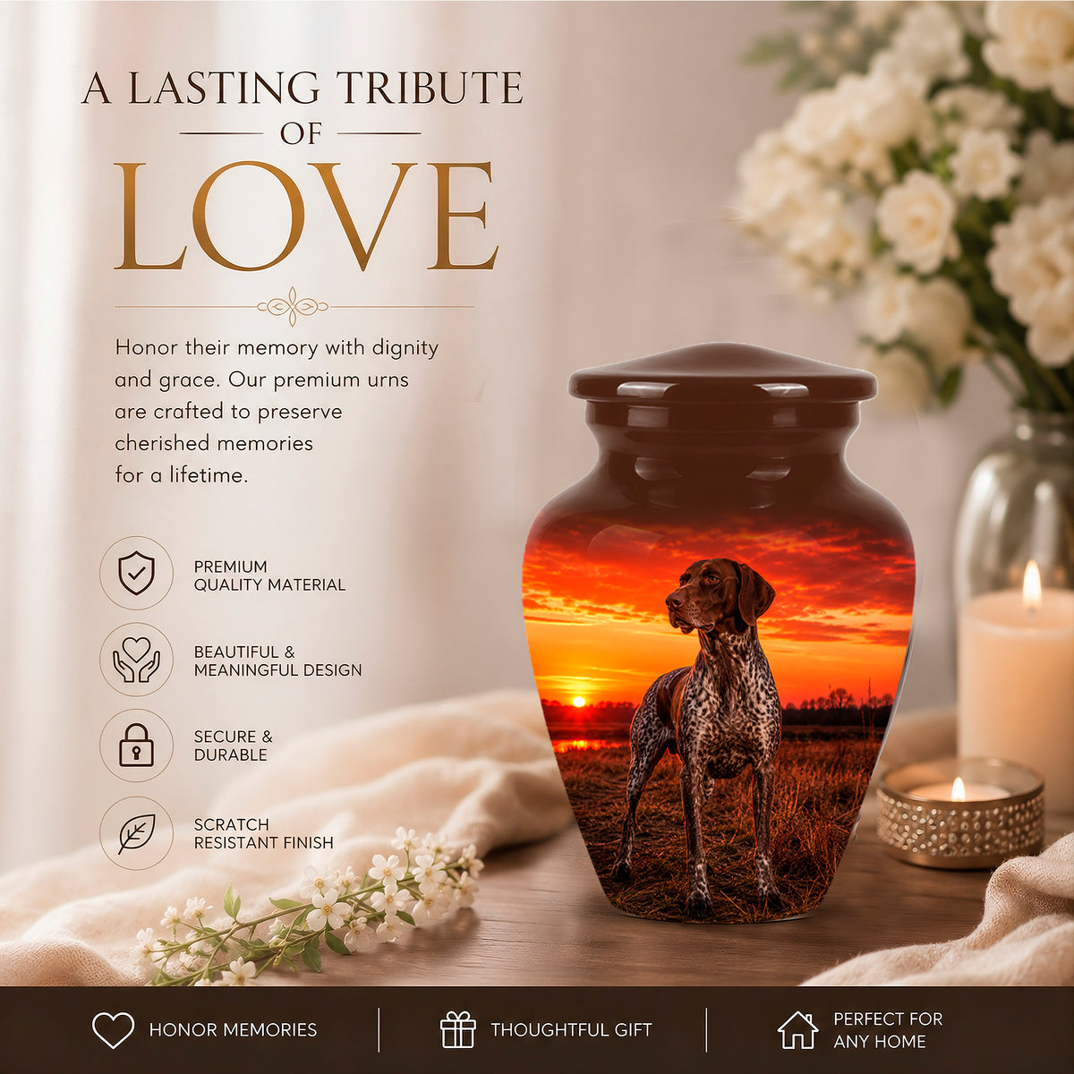 German Shorthaired Pointer Dog Cremation Urn - Sunset Pet Aluminum Urn
