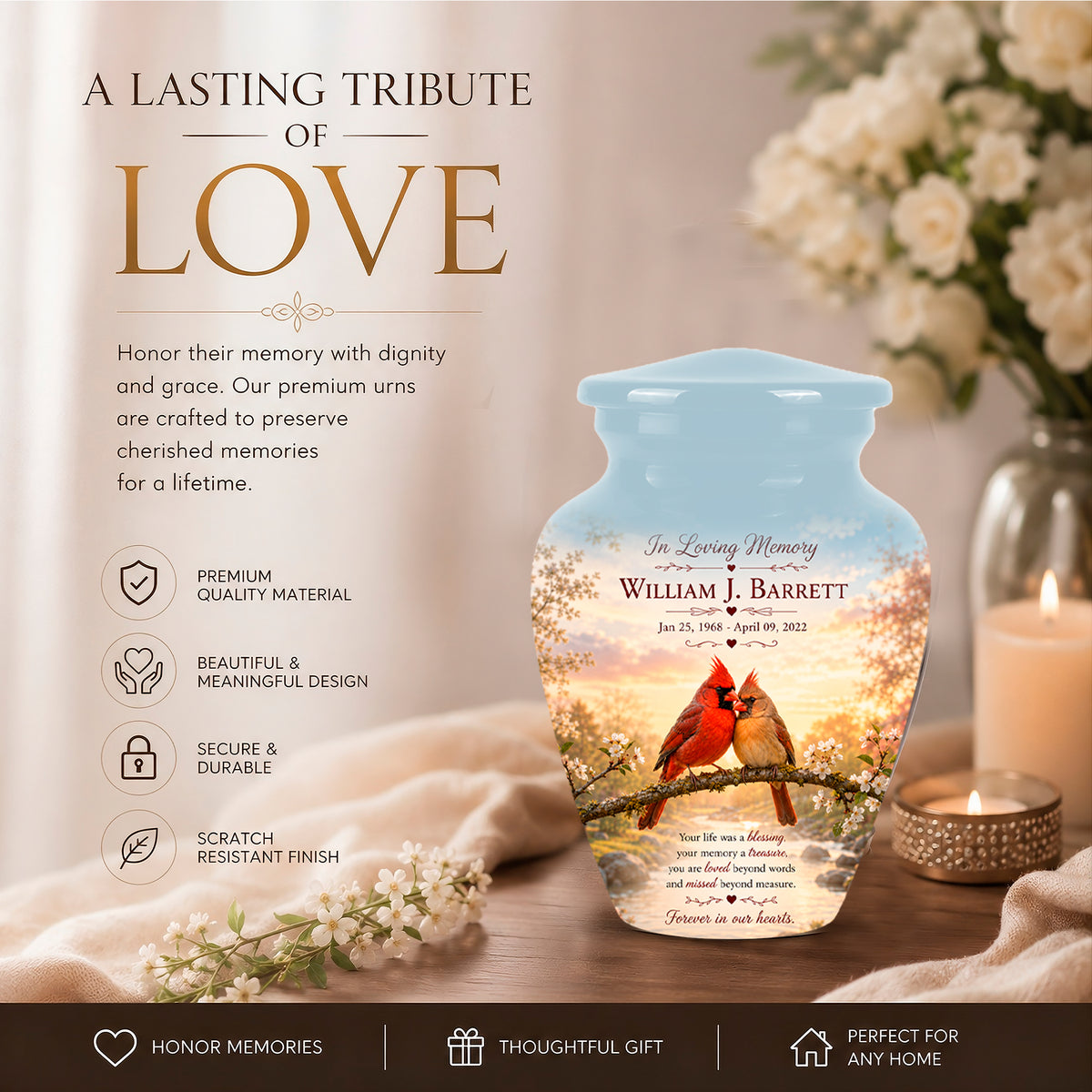 Cardinal Bird Pair Themed Cremation Urn - Bird Memorial Urn For Lovers
