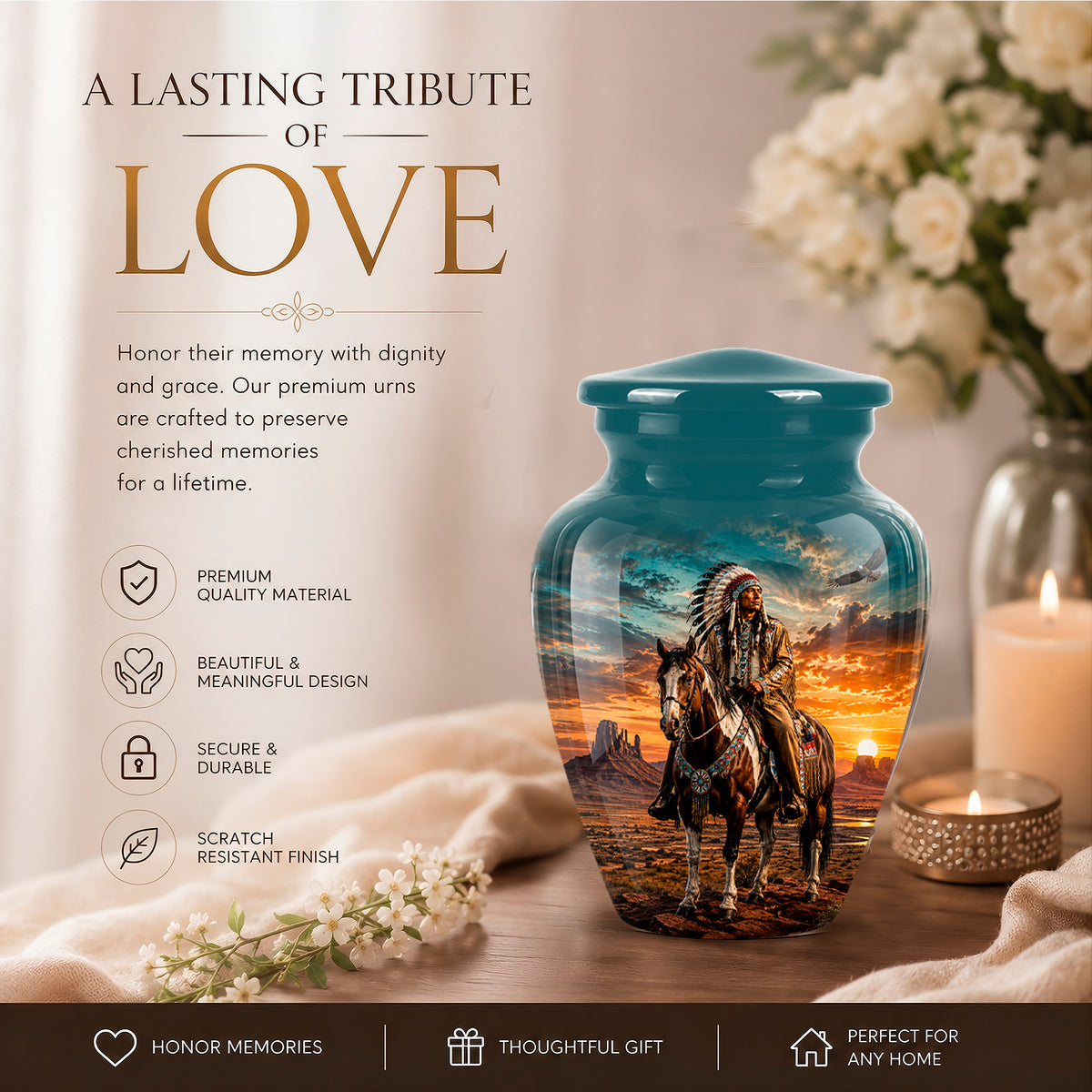 Custom Native American Urn – Traditional Warrior Aluminum Cremation Urn