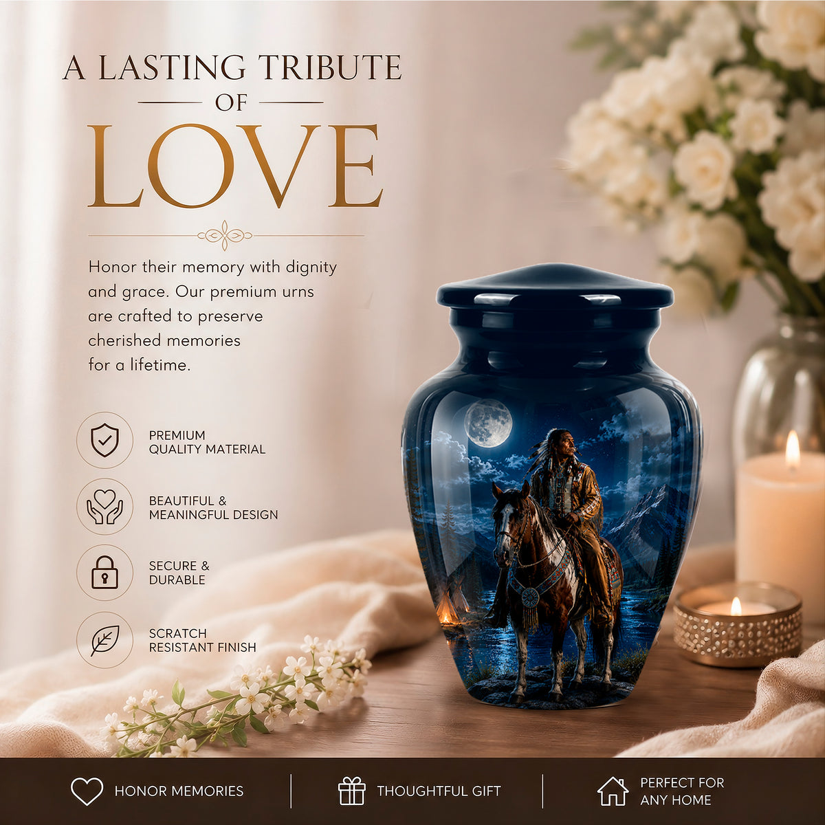 Native American Horse Urn for Adult Ashes – 10" Blue Forest Urns For Ashes