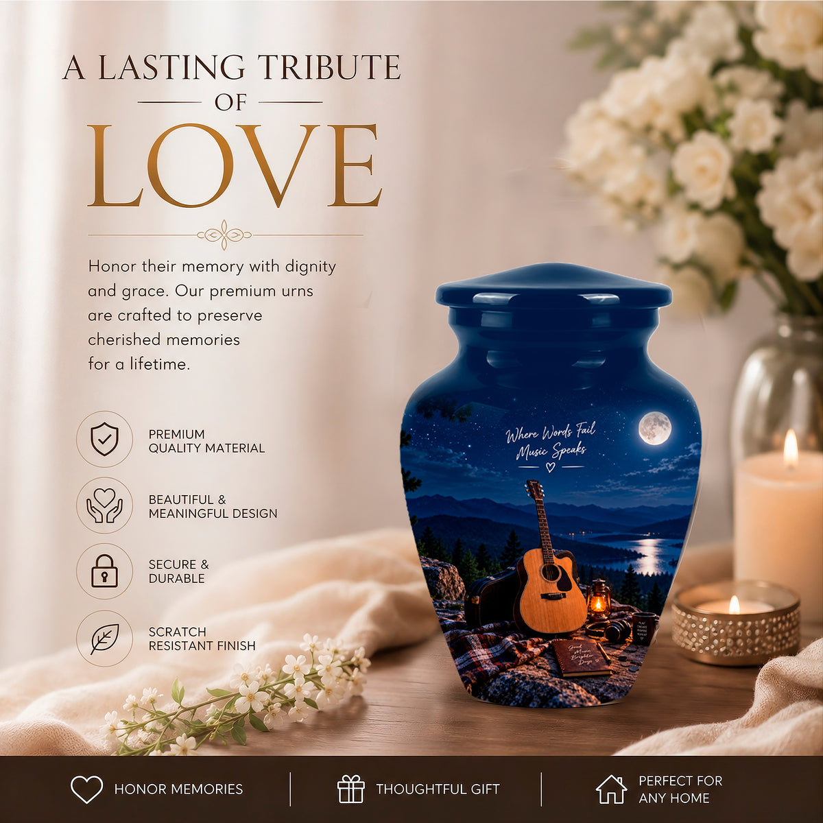 Personalized Starry Night Guitar Cremation Urn - Aluminum Moonlight Urns For Ashes