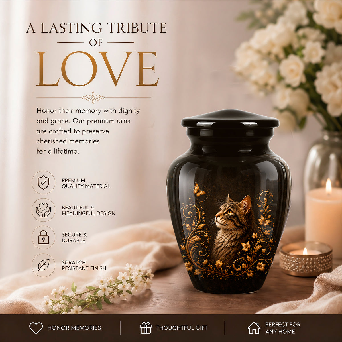 Custom Floral Cat Urn – Elegant Memorial Urn for a Cherished Pet Ashes