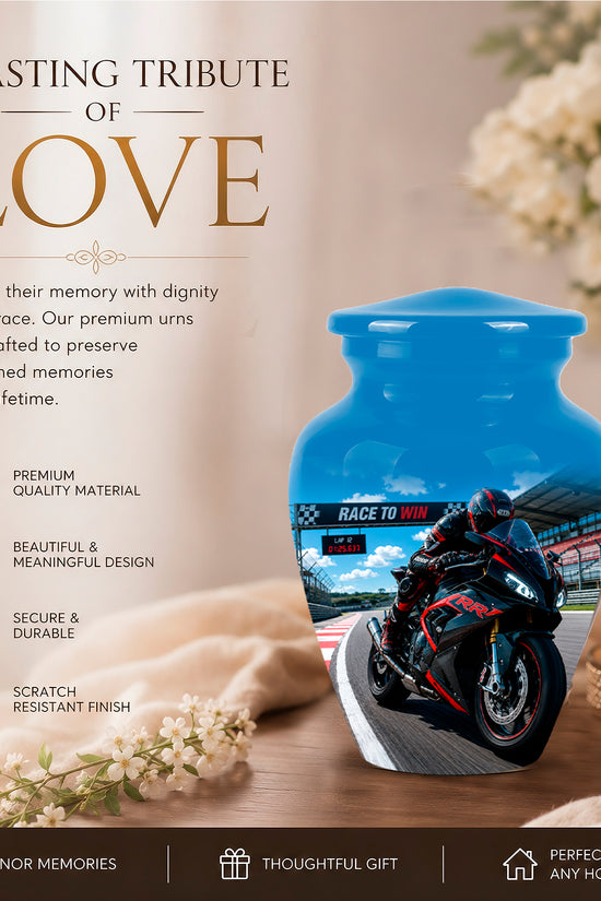 Personalized Motorcycle Rider Cremation Urn – Racing Bike Memorial Tribute