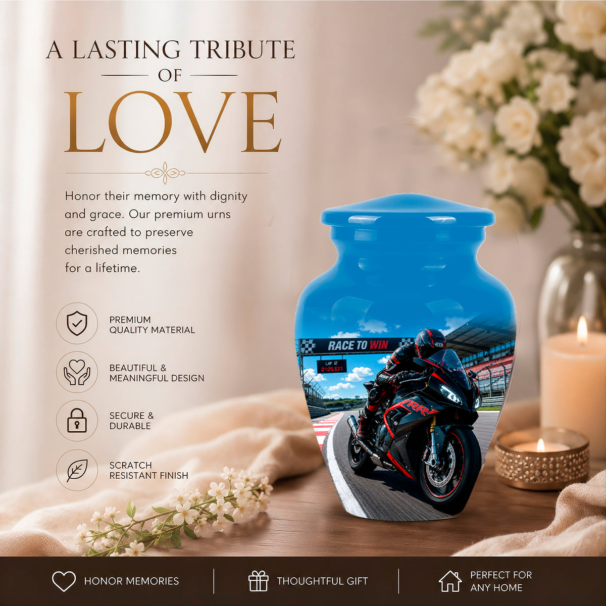 Personalized Motorcycle Rider Cremation Urn – Racing Bike Memorial Tribute