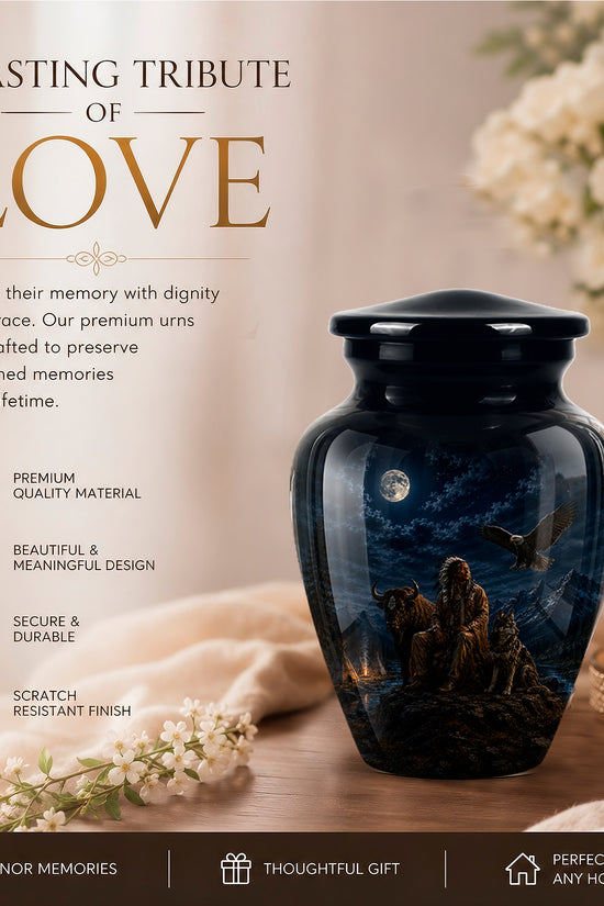 Personalized Native American Urn For Ashes With Tribal Memorial Artwork