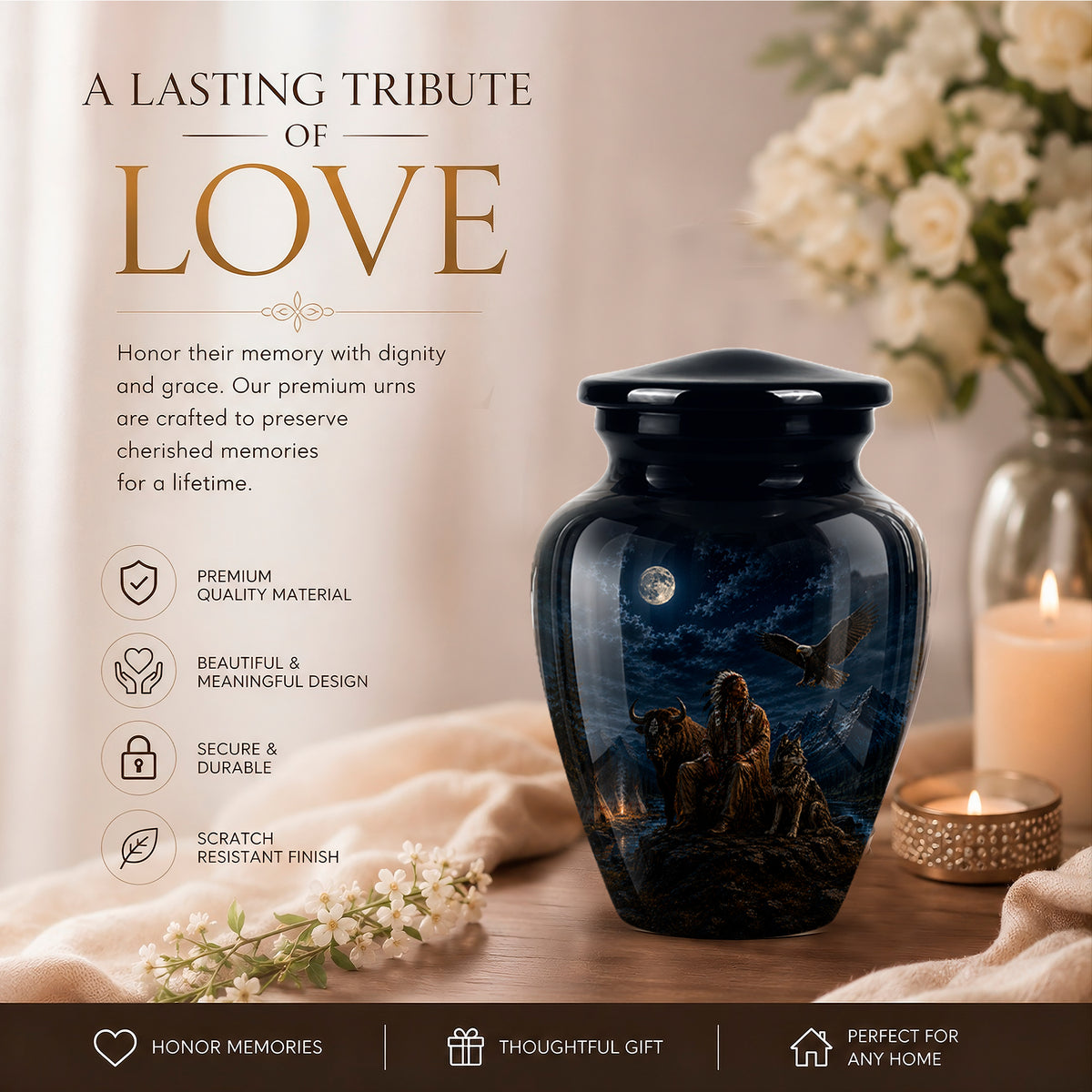 Personalized Native American Urn For Ashes With Tribal Memorial Artwork