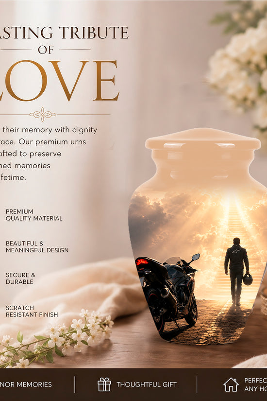 Heavenly Stairs & Rider Urn - Motorbike Cremation Urns For Biker Ashes
