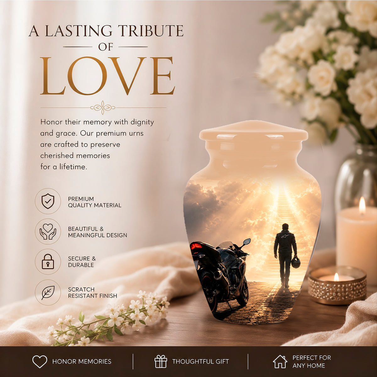 Heavenly Stairs & Rider Urn - Motorbike Cremation Urns For Biker Ashes