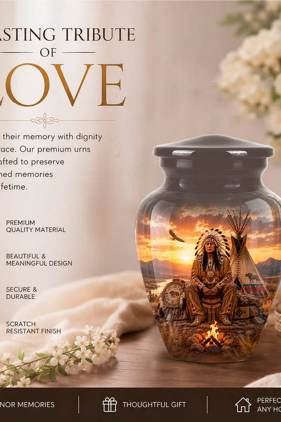 A memorial urn jar displayed on a tabletop with flowers, a candle, and promotional text. The jar is clear glass with a black lid and a printed scenic design of a person seated in front of a sunset and teepee.