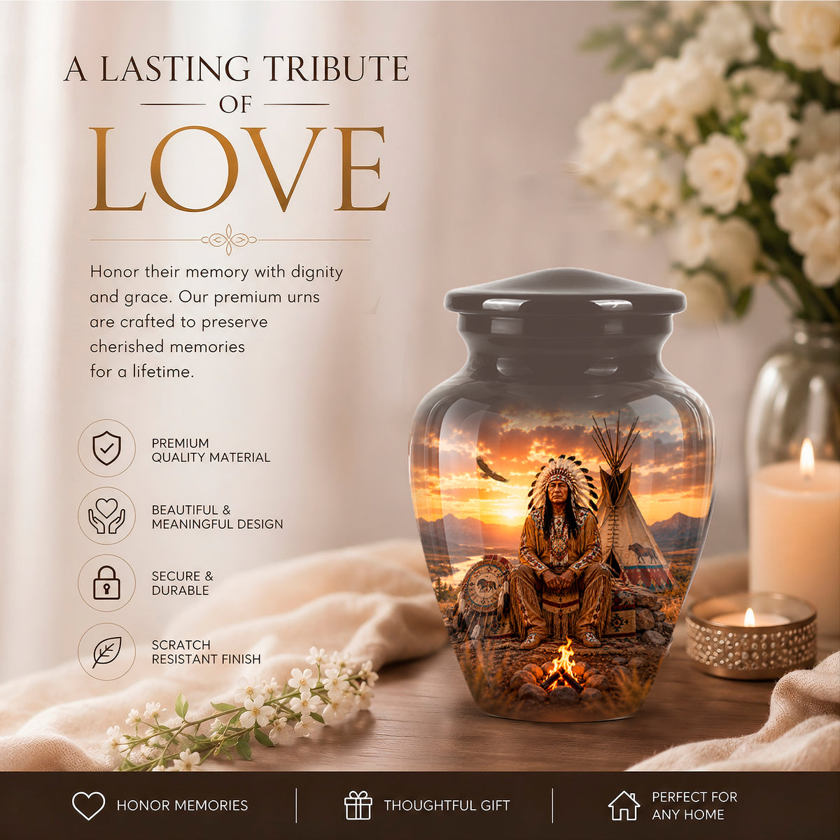 A memorial urn jar displayed on a tabletop with flowers, a candle, and promotional text. The jar is clear glass with a black lid and a printed scenic design of a person seated in front of a sunset and teepee.