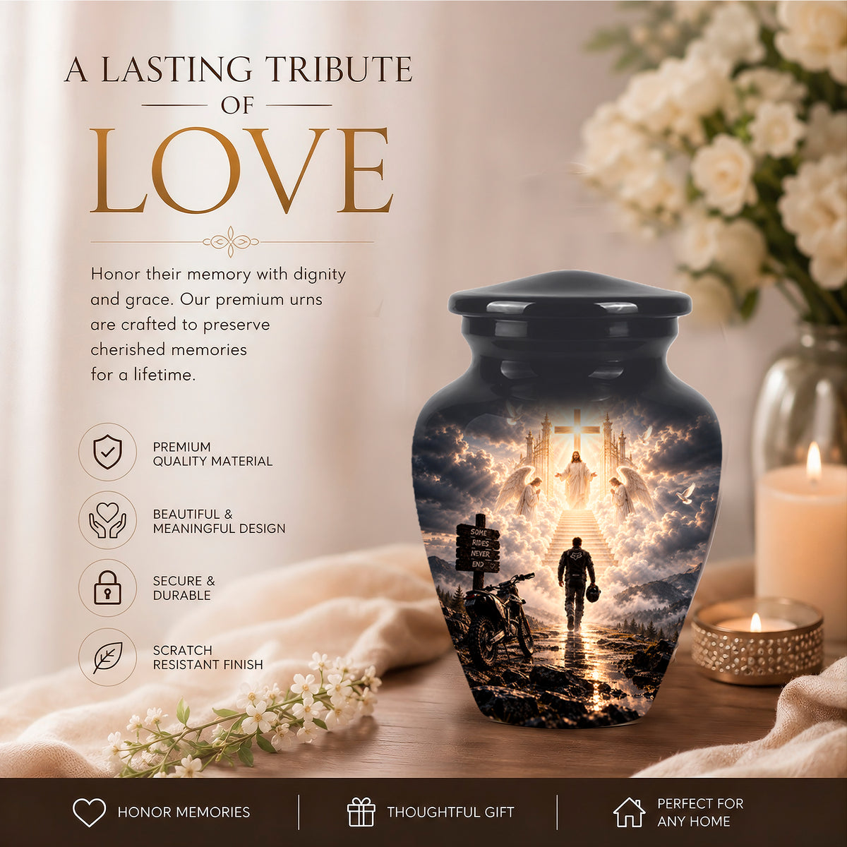 Bike Rider In Heaven Memorial Urn - Jesus & Angels Heaven Stairs Urns