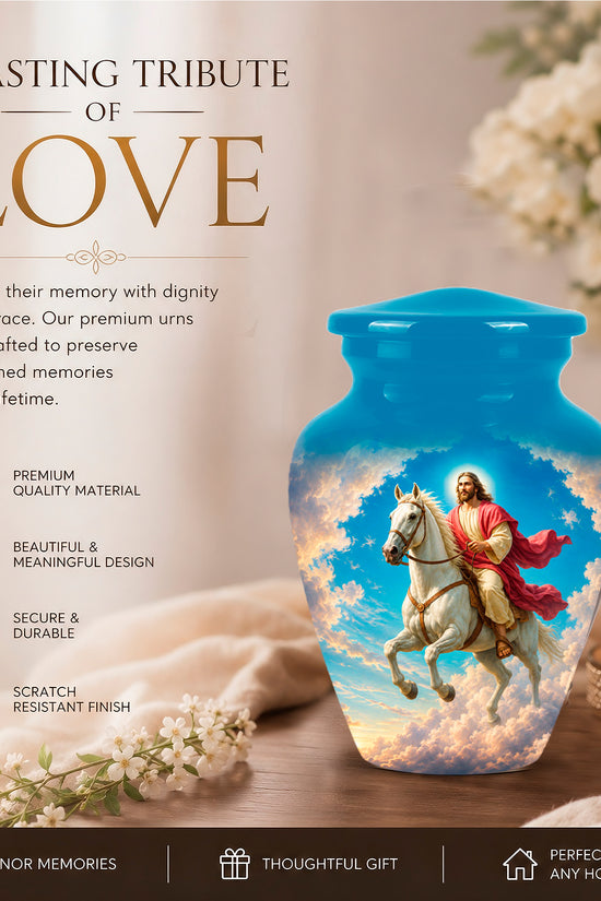 Custom Blue Aluminum Horse & Jesus Religious Urn for Human Ashes