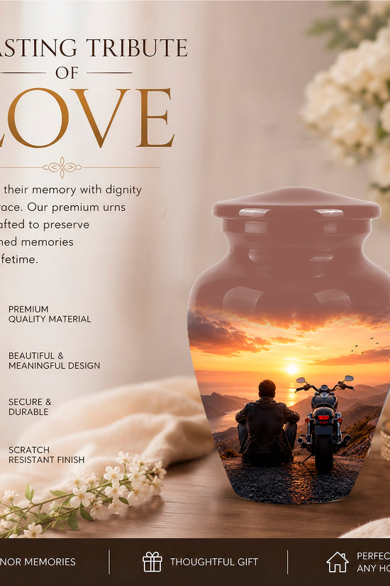 Peaceful Sunset Motorcycle Cremation Urn – Handcrafted Tribute to Biker Ashes