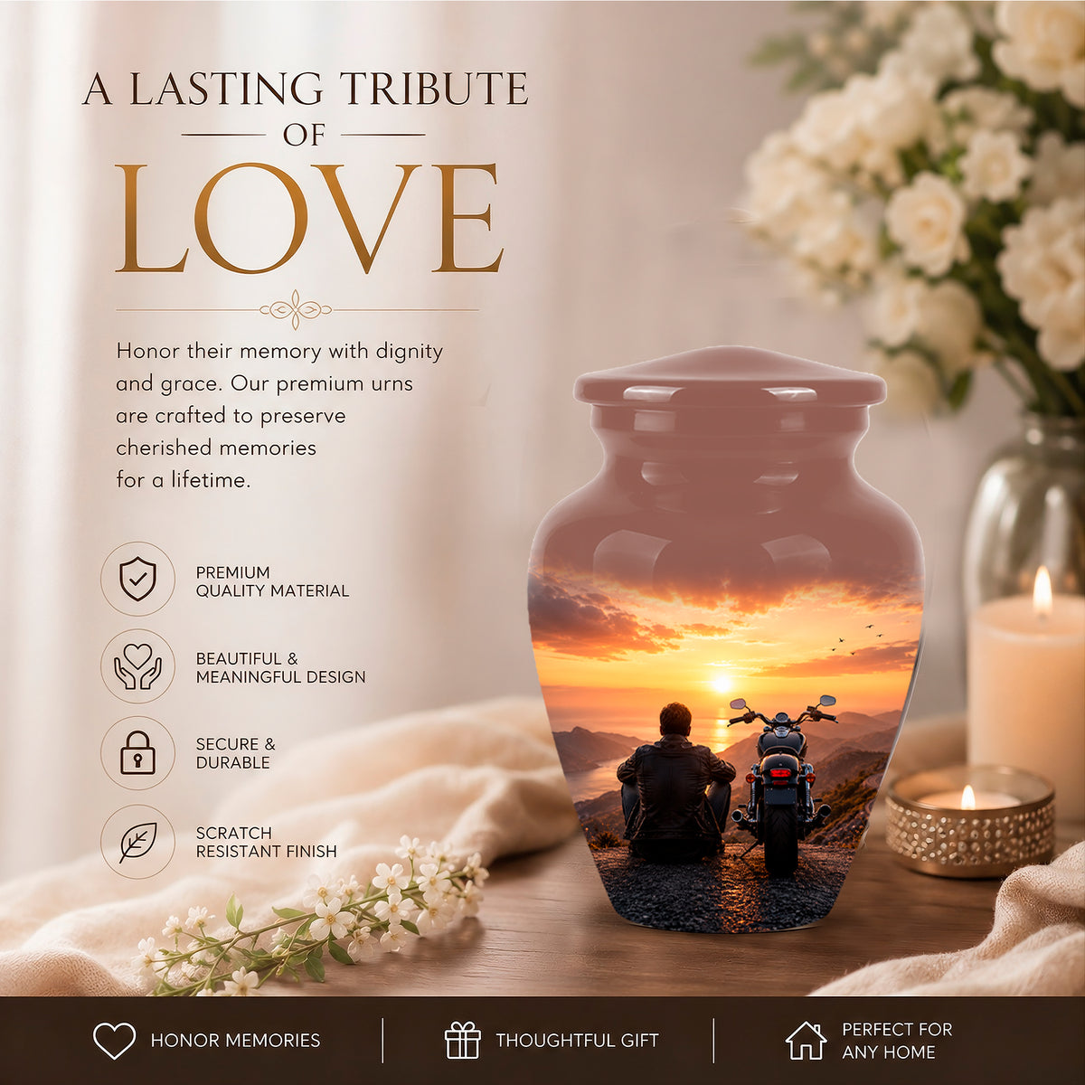 Peaceful Sunset Motorcycle Cremation Urn – Handcrafted Tribute to Biker Ashes