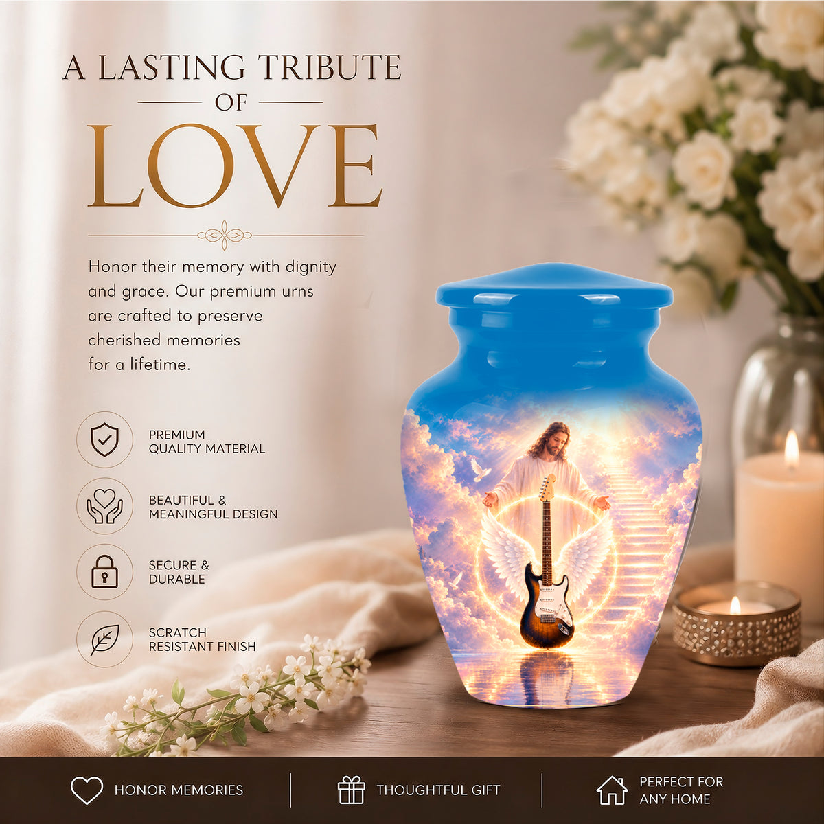 Custom Guitar Aluminum Memorial Urn - Angel Wing & Jesus Urns For Ashes
