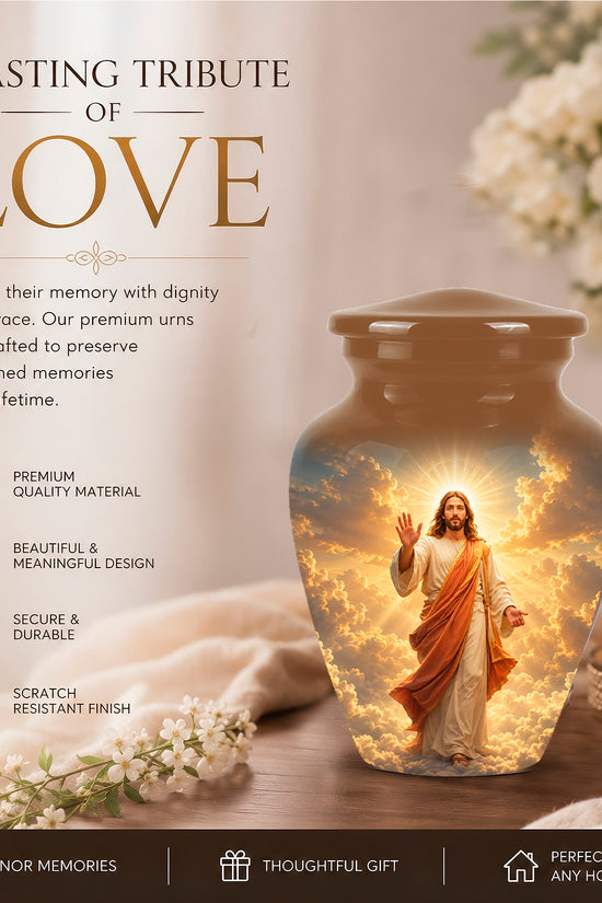 Jesus in Heavenly Clouds Memorial Urn – Personalized Religious Ashes Urn