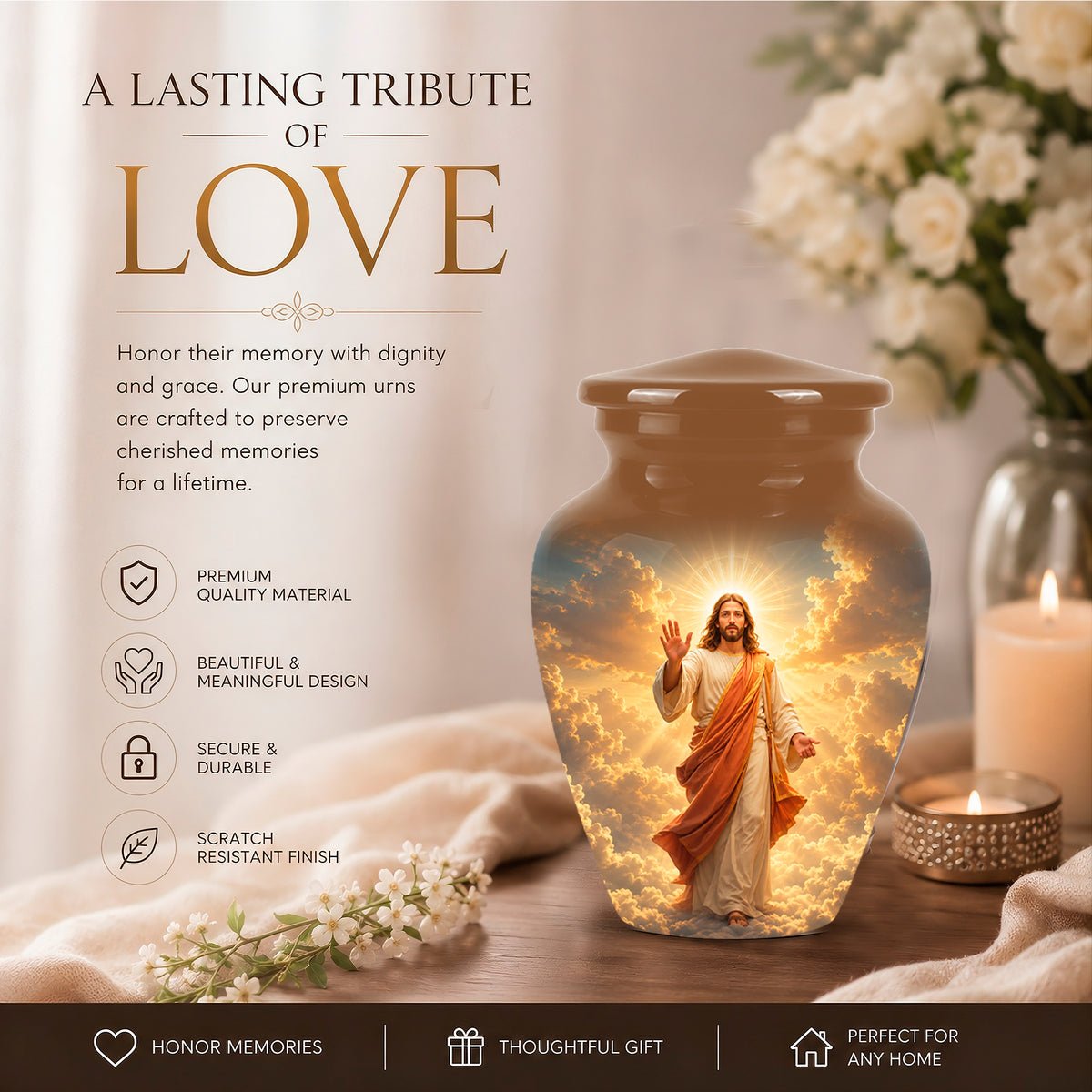 Jesus in Heavenly Clouds Memorial Urn – Personalized Religious Ashes Urn