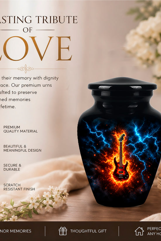 Majestic Thunder & Fire Guitar Cremation Urn - Black Funeral Urns For Ashes