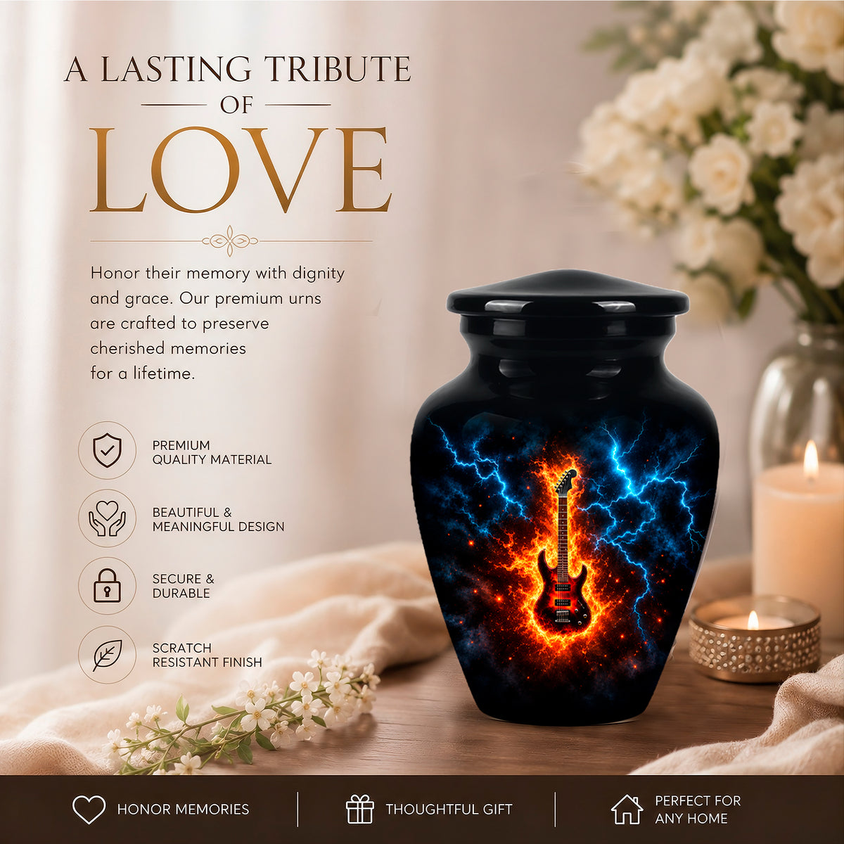 Majestic Thunder & Fire Guitar Cremation Urn - Black Funeral Urns For Ashes