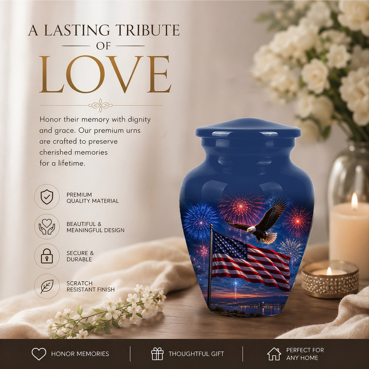 Brown Flying Eagle Cremation Urn - Handcrafted Memorial Urn To Tribute Veterans