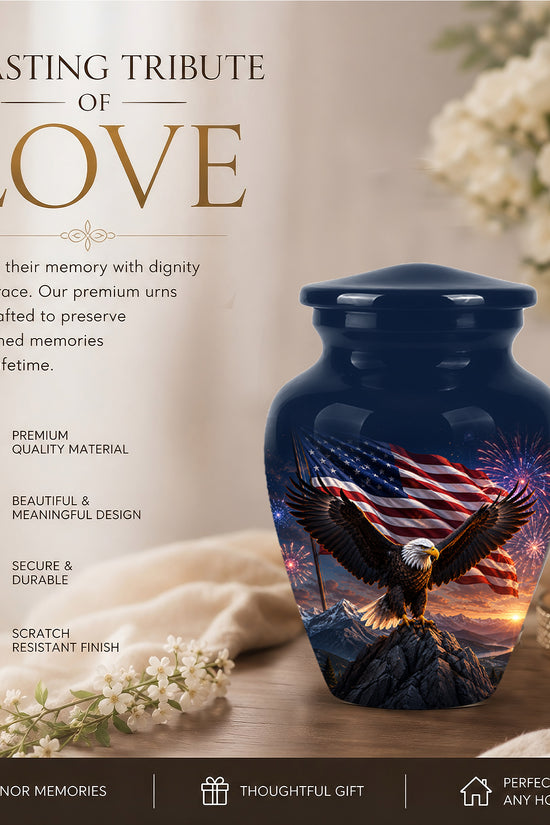 Patriotic Eagle & USA Flag Themed Urn - Aluminum Memorial Urns For Veterans