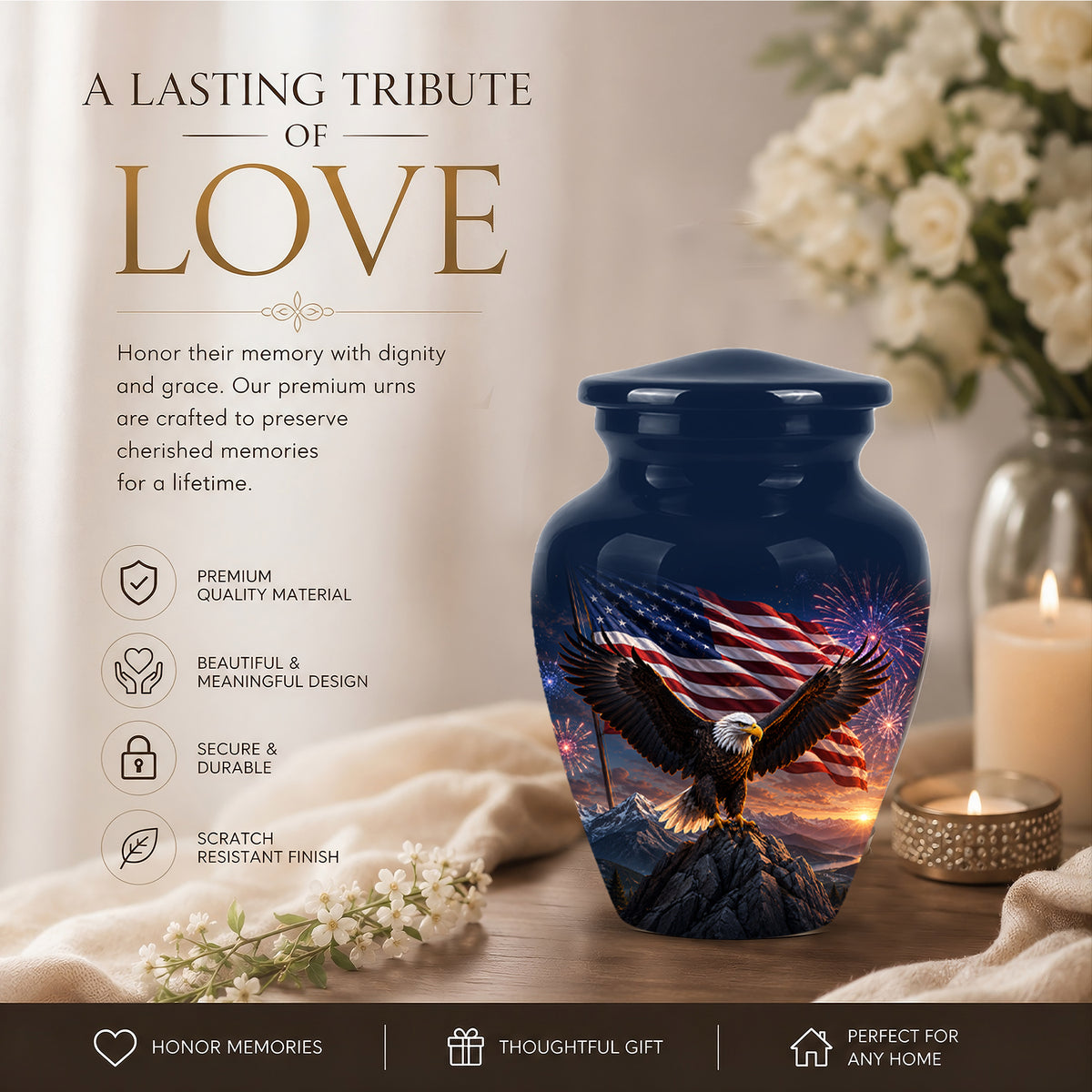 Patriotic Eagle & USA Flag Themed Urn - Aluminum Memorial Urns For Veterans