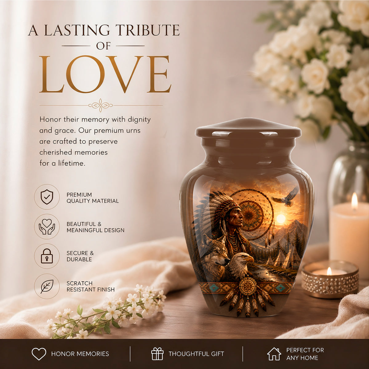 Native American Man, Eagle & Wolf Custom Memorial Urn For Human Ashes