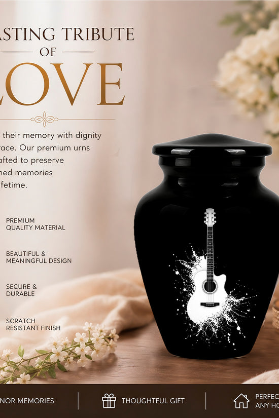 White Guitar Cremation Urn - Artistic Black Memorial Urns For Musicians