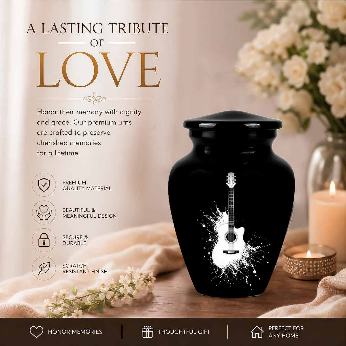 White Guitar Cremation Urn - Artistic Black Memorial Urns For Musicians