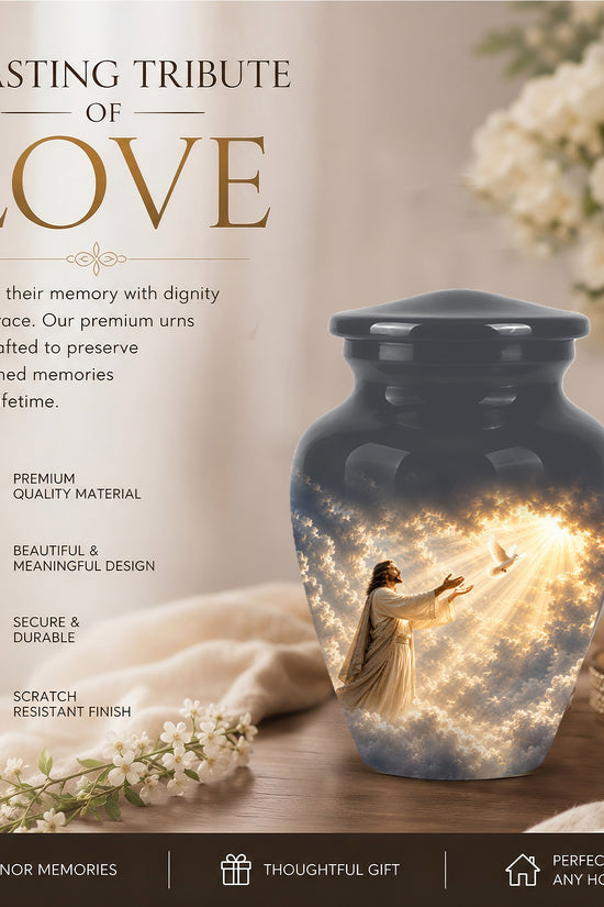 Jesus With Flying Dove Cremation Urn - Beautiful Sunrays Theme Urn For Ashes