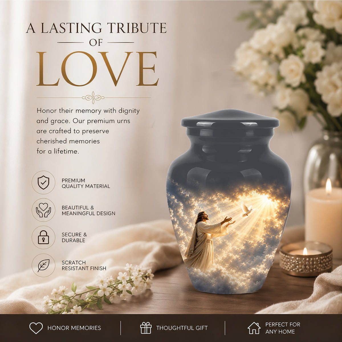 Jesus With Flying Dove Cremation Urn - Beautiful Sunrays Theme Urn For Ashes