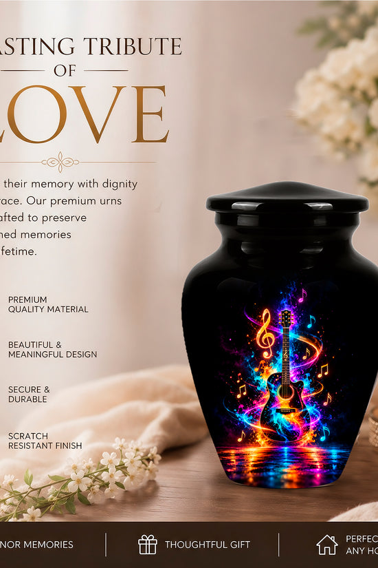 Black Artistic Cremation Urn with Colorful Musical Notes & Cosmic Design