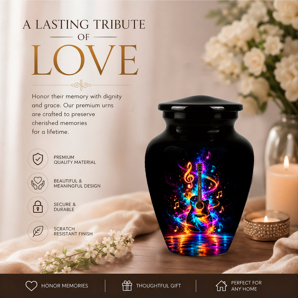 Black Artistic Cremation Urn with Colorful Musical Notes & Cosmic Design