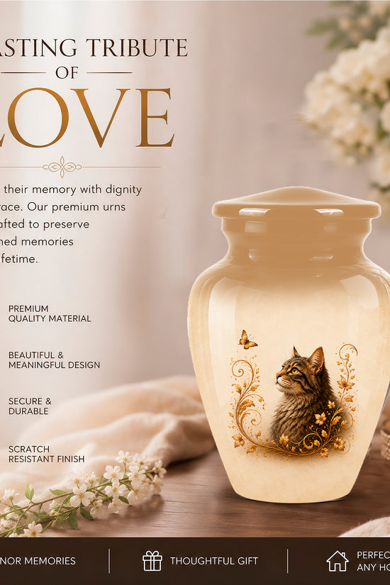 Custom Brown Memorial Cat Urn – Floral Aluminum Pet Ashes Cremation Urn