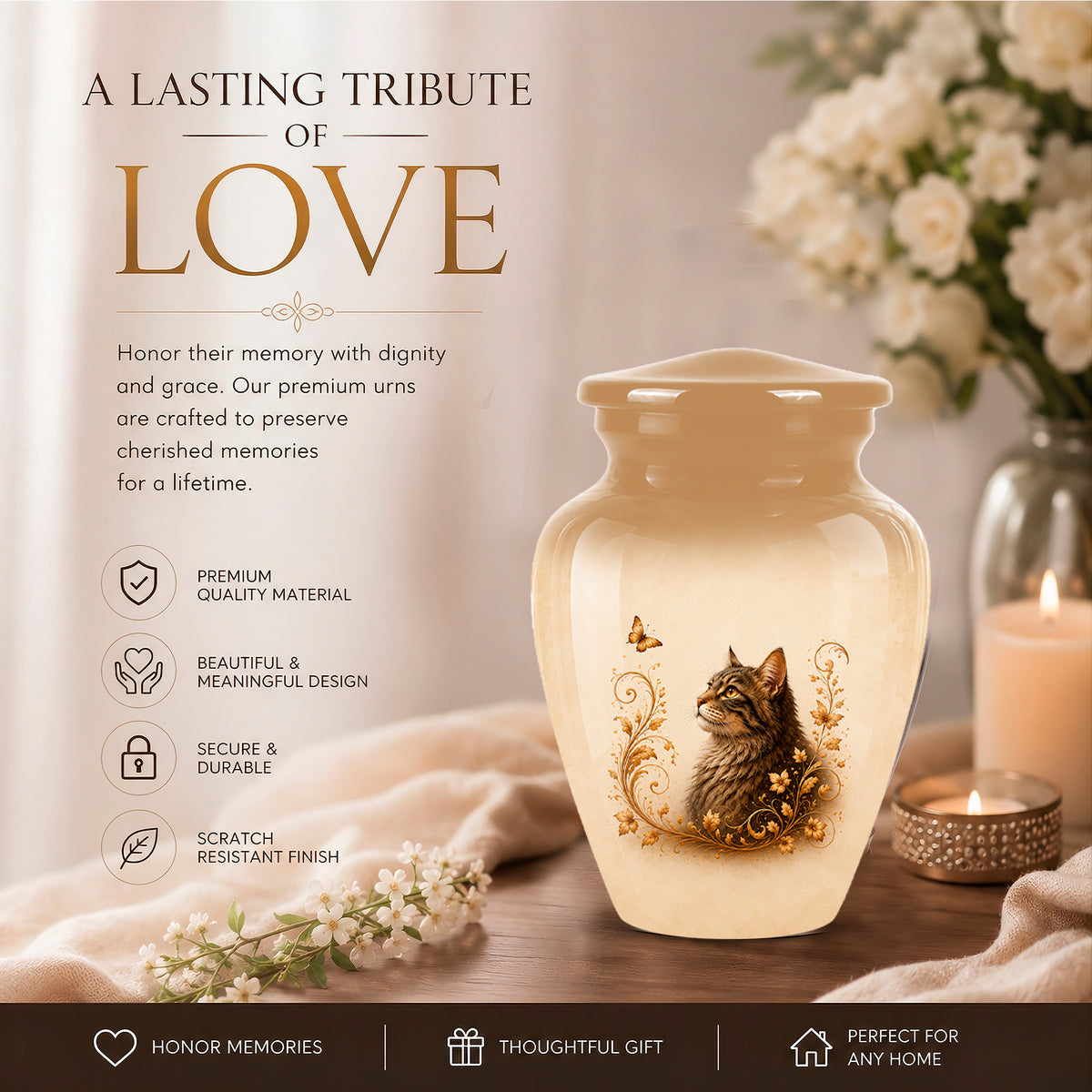 Custom Brown Memorial Cat Urn – Floral Aluminum Pet Ashes Cremation Urn