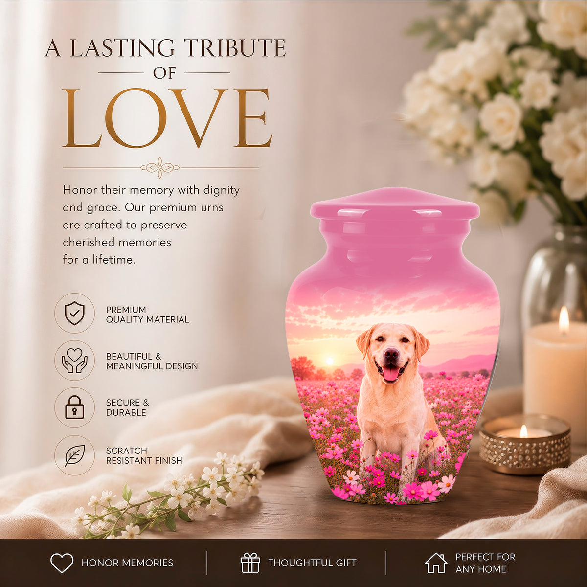Personalized Golden Retriever Memorial Urn – Custom Pink Photo Keepsake