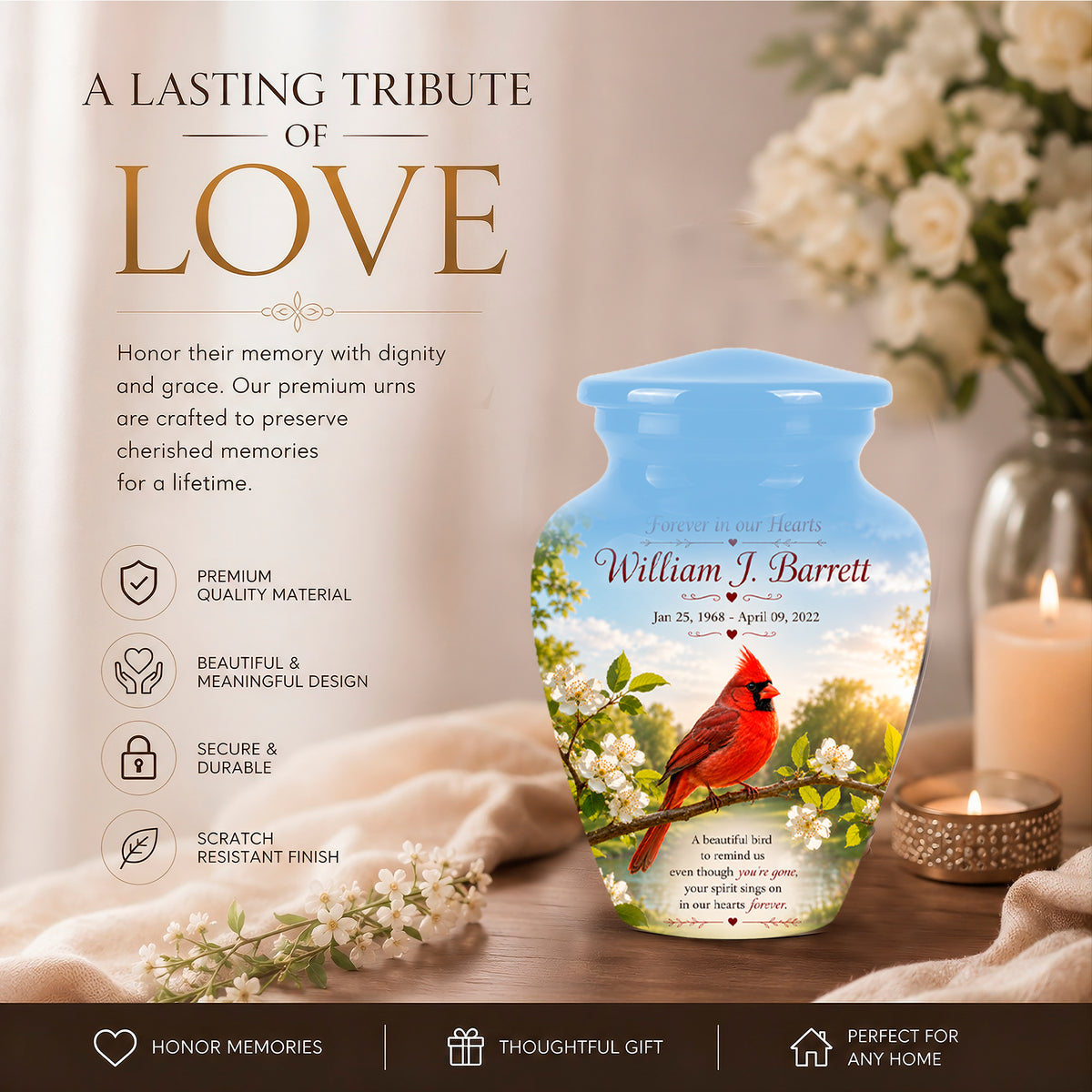 Red Cardinal Bird Urn For Mother - Cremation Urn For Adult Women Ashes