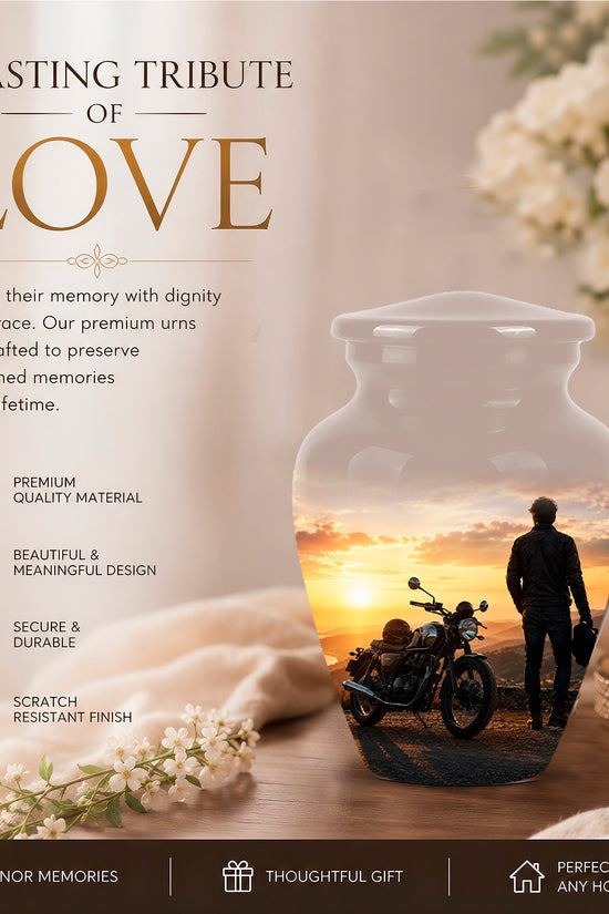 Custom Sunset Mountain Bike Rider Aluminum Urn – Hand Engraved