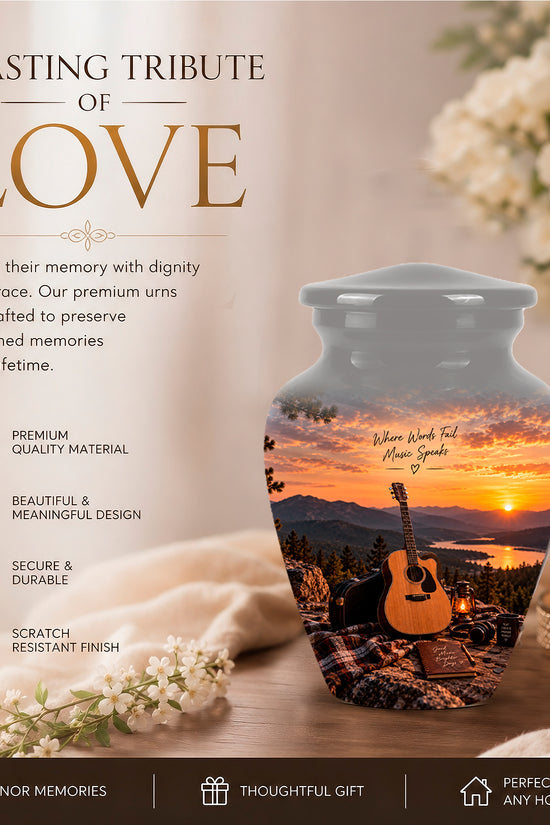 Guitar Quotes Cremation Urn For Ashes - Sunset Landscape Ashes Container