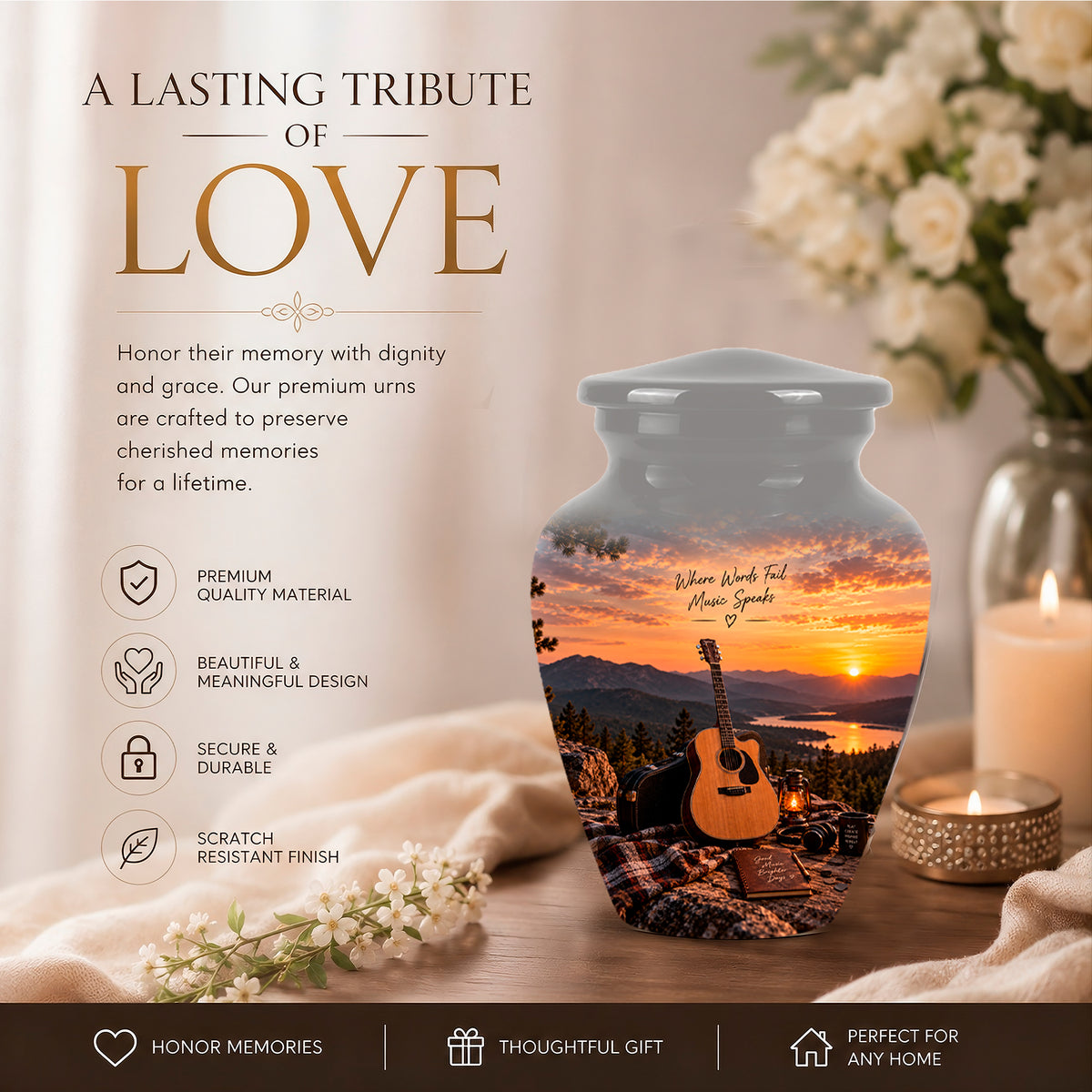 Guitar Quotes Cremation Urn For Ashes - Sunset Landscape Ashes Container