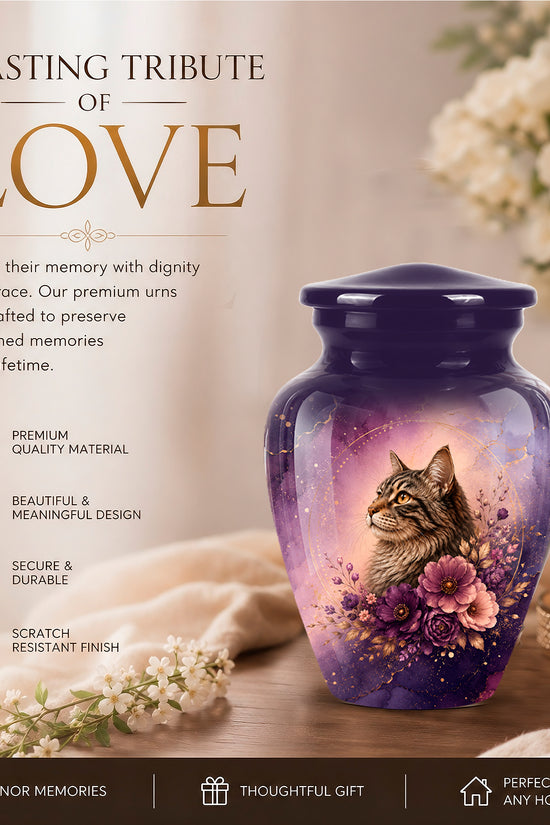 A pet memorial urn vase with a purple and blue gradient design, featuring a painted tabby cat and pink flowers. The product is displayed on a wooden surface next to a lit candle, white flowers, and a beige fabric, with promotional text on the left side.