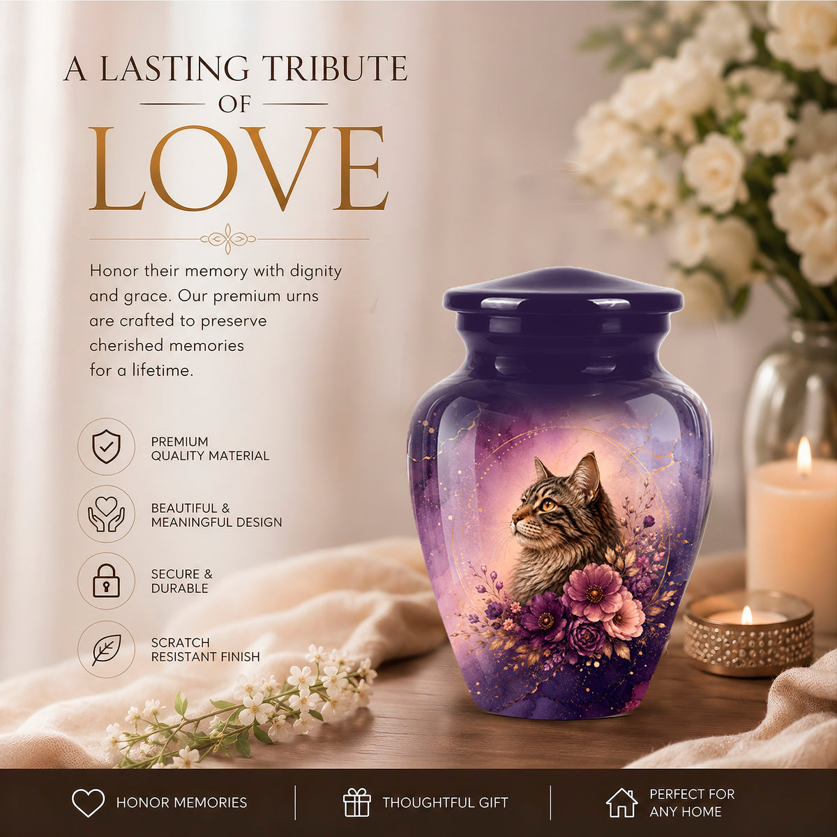 A pet memorial urn vase with a purple and blue gradient design, featuring a painted tabby cat and pink flowers. The product is displayed on a wooden surface next to a lit candle, white flowers, and a beige fabric, with promotional text on the left side.