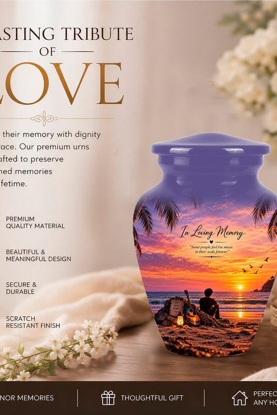 Guitar Sunset Memorial Urn - Custom Quotes & Ocean-Beach Urns For Ashes