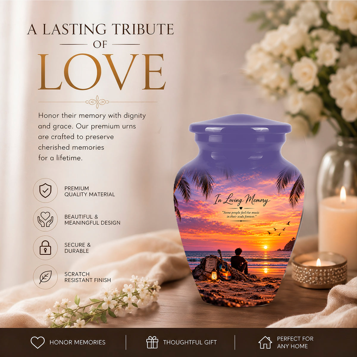 Guitar Sunset Memorial Urn - Custom Quotes & Ocean-Beach Urns For Ashes