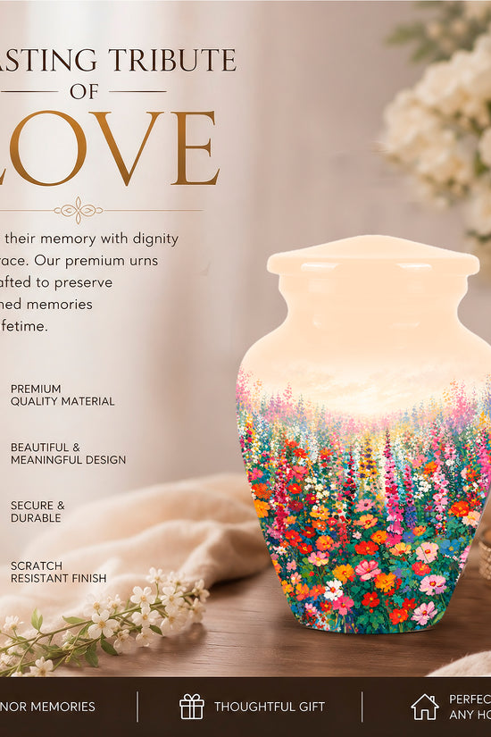 Beautiful Flowers Cremation Urn For Ashes - Aluminum Floral Garden Keepsake