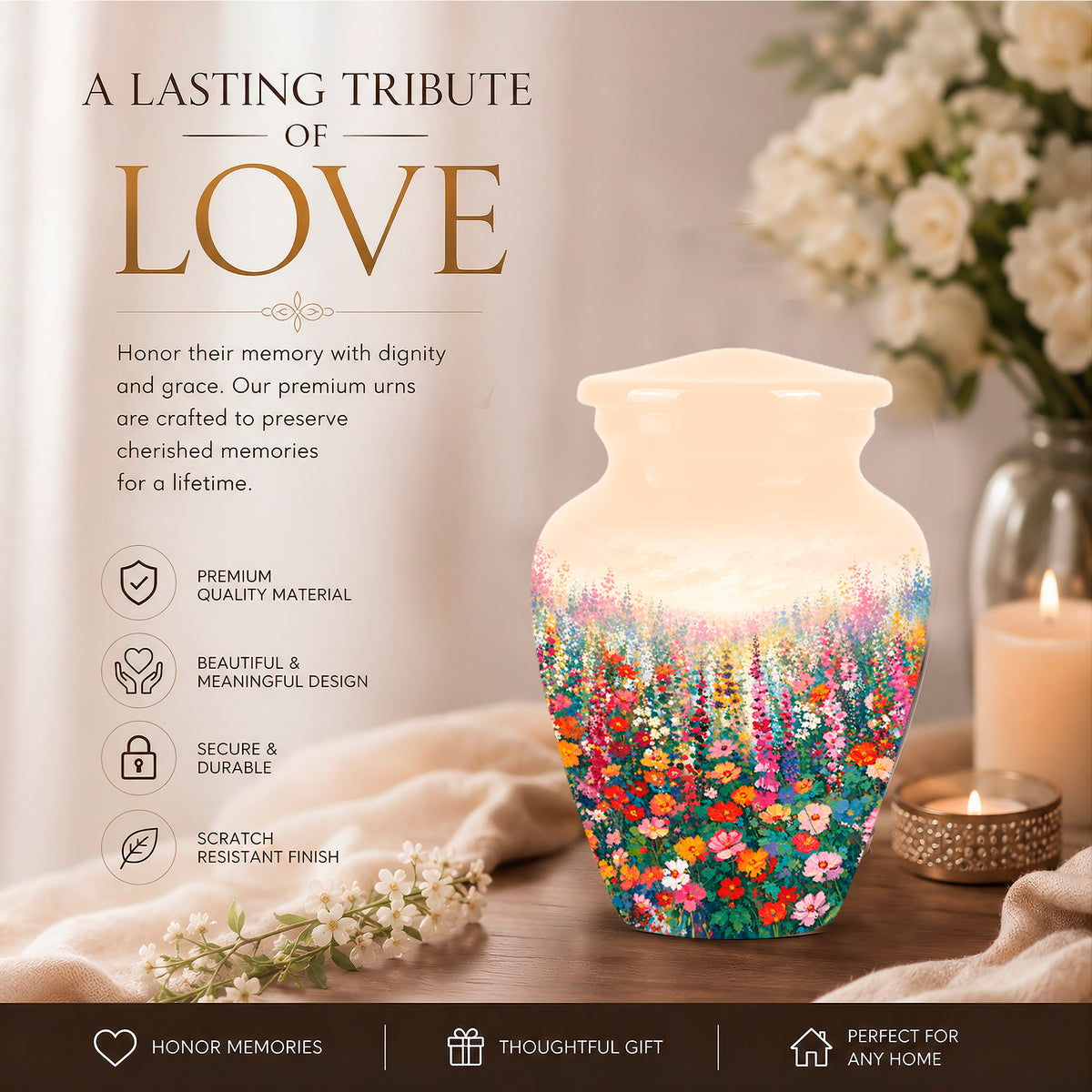 Beautiful Flowers Cremation Urn For Ashes - Aluminum Floral Garden Keepsake