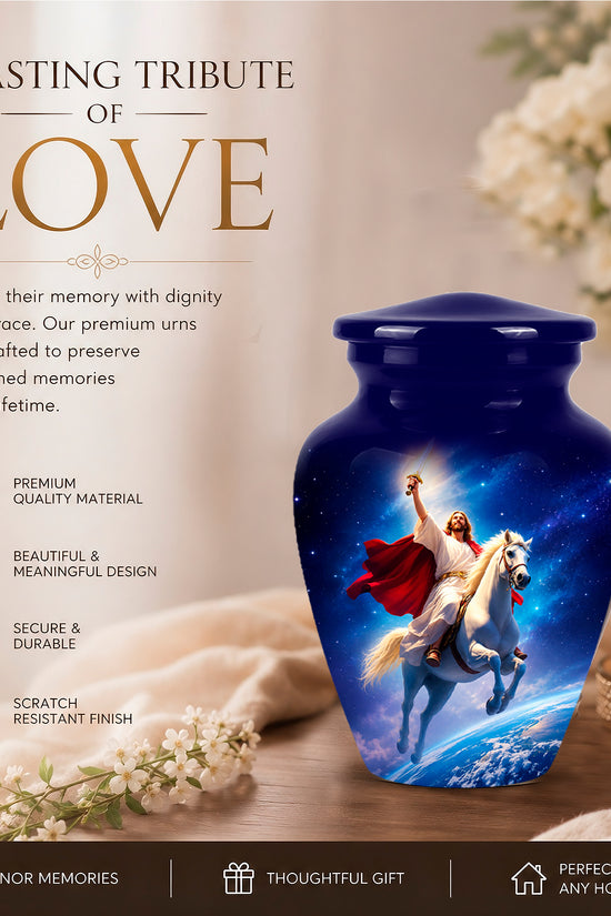 Divine Jesus & Horse Galaxy Aluminum Urn for Spiritual Human Ashes