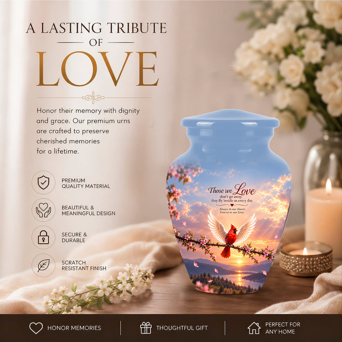 Red Cardinal Bird With Angel Wings Urn - Custom Quotes Aluminum Memorial Urns